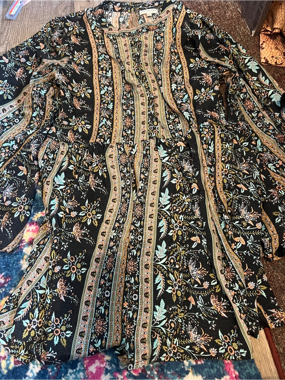 Earthbound Boho Black Floral Maxi Dress with Mint Accents